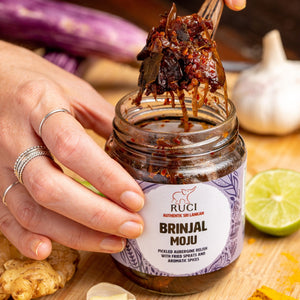 RUCI Sri Lankan Brinjal Moju - Aubergine Pickled with whole Green Chillies, Onions and Fried Sprats