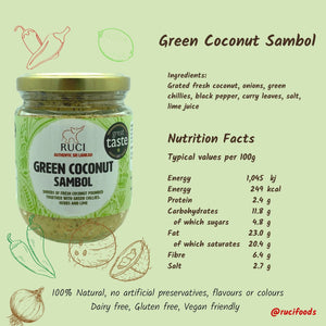 Green Coconut Sambol - A variant of the popular Sri Lankan Pol Sambol. Made with fresh Green chillies and Curry leaves blended with shreds of Fresh Coconut with a splash of Lime