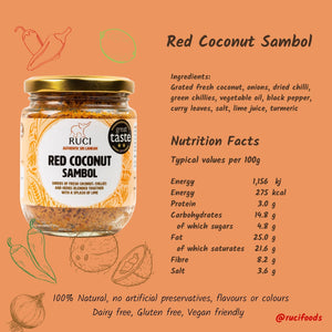 Red Coconut Pol Sambol - Freshly scarped shreds of coconut ground with dried red chilies and spices.
